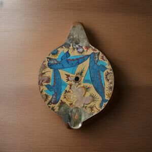 Copy Of Greek Oil Lamp Handmade & Painted Minoic Period 1600 BC Signed Vangelis
